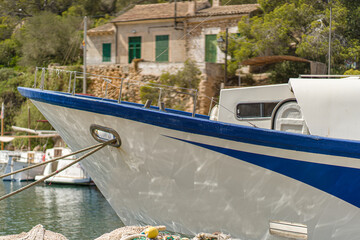 Landscape of Spain Island Mallorca Cala Figuera, fishermans marine bay with boats in sea port in...