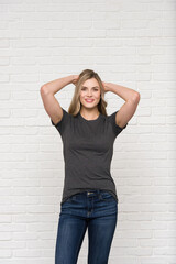 Graphic T-shirt Bella Canvas 3001 CVC Blank Mockup Tee Smiling Woman Model  Dark Grey Heather