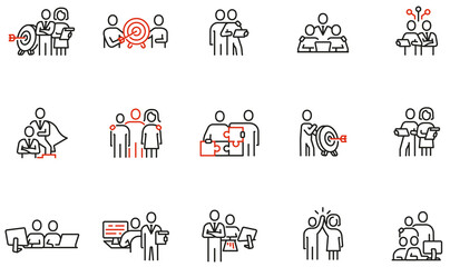 Vector set of linear icons related to business leadership, relationship, human resource management, cooperation and team work. Mono line pictograms and infographics design elements