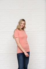 Heather Sunset Graphic T-shirt Bella Canvas 3001 Blank Mockup Tee Female Blonde Smiling Woman Model 