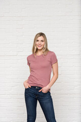 Heather Mauve Graphic T-shirt Bella Canvas 3001 Blank Mockup Tee Female Blonde Smiling Woman Model 
