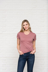 Heather Mauve Natural Graphic T-shirt Bella Canvas 3001 Blank Mockup Tee Female Blonde Smiling...