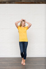 Heather Yellow Gold Graphic T-shirt Bella Canvas 3001 Blank Mockup Tee Female Blonde Smiling Woman Model 