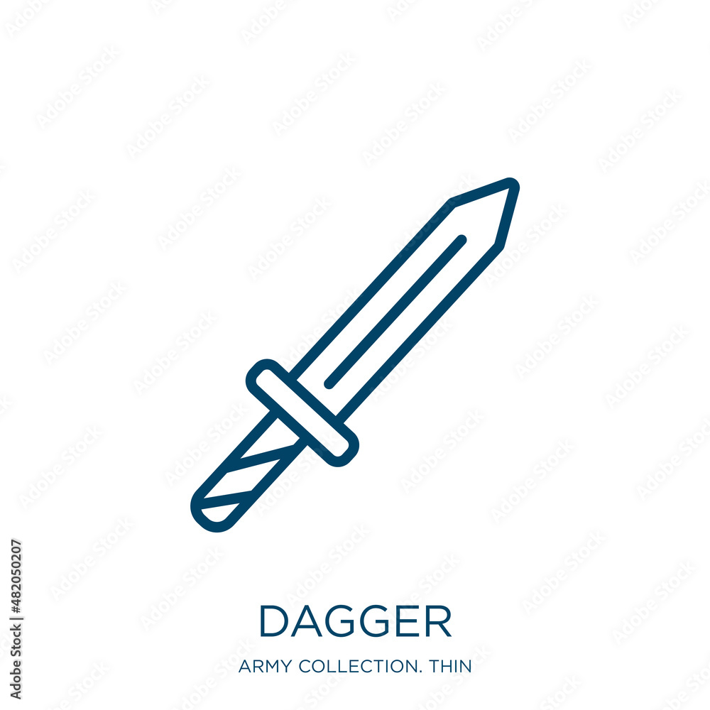 Poster dagger icon from army collection. thin linear dagger, sword, blade outline icon isolated on white ba