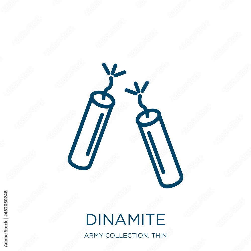 Poster dinamite icon from army collection. thin linear dinamite, dynamite, bomb outline icon isolated on wh