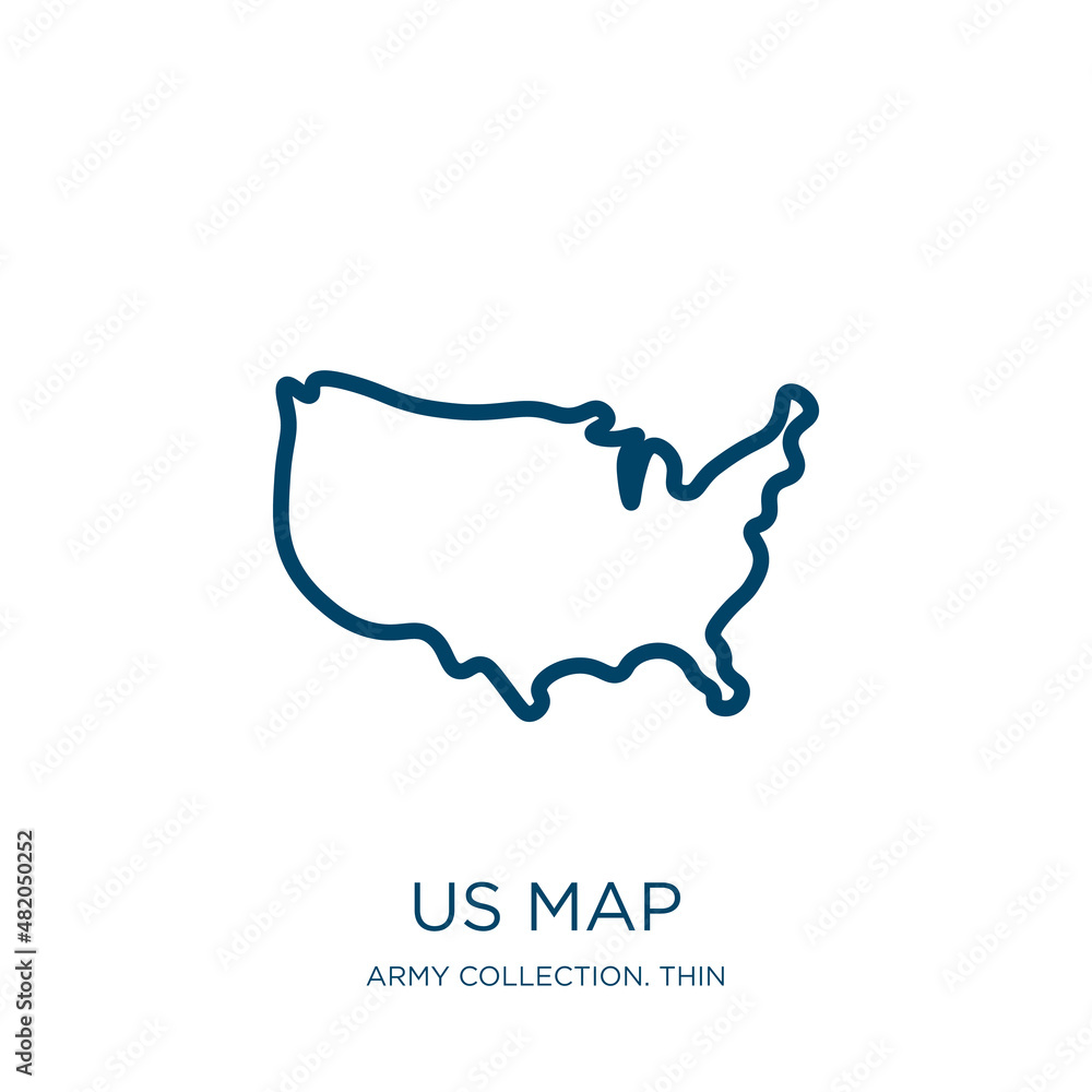 Poster us map icon from army collection. thin linear us map, map, country outline icon isolated on white ba