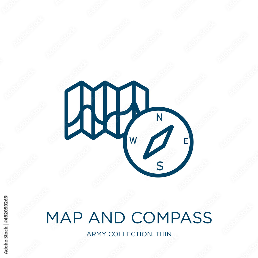 Poster map and compass icon from army collection. thin linear map and compass, arrow, navigation outline ic
