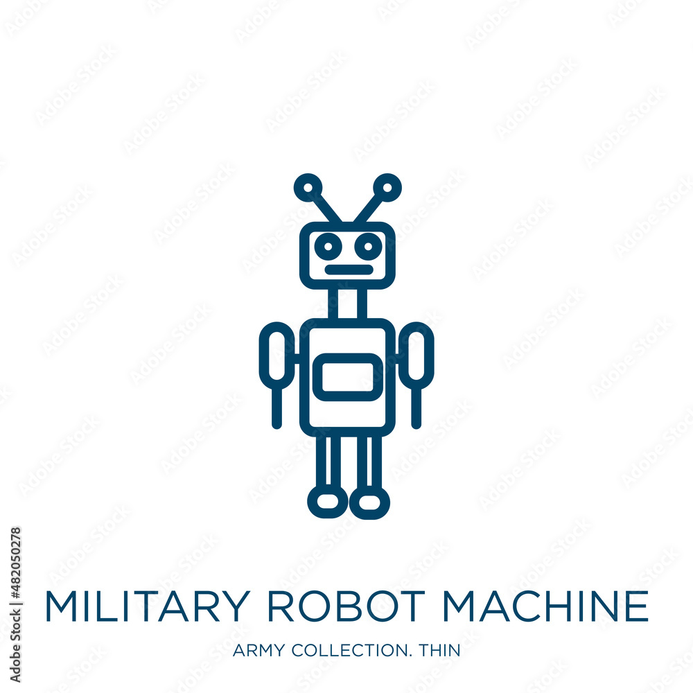 Poster military robot machine icon from army collection. thin linear military robot machine, robotic, robot