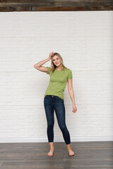 Heather Green Graphic T-shirt Bella Canvas 3001 Blank Mockup Tee Female Blonde Smiling Woman Model 