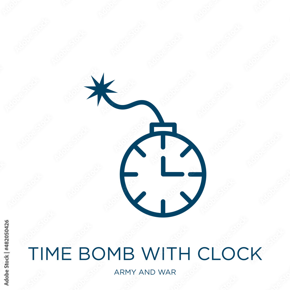 Poster time bomb with clock icon from army and war collection. thin linear time bomb with clock, dynamite, 