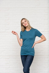 Heather Deep Teal Graphic T-shirt Bella Canvas 3001 Blank Mockup Tee Female Blonde Smiling Woman Model 