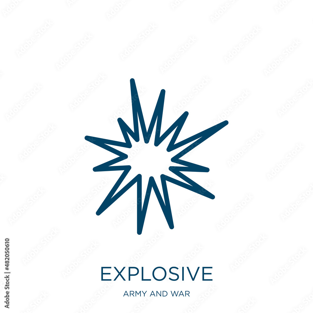 Poster explosive icon from army and war collection. thin linear explosive, fire, burst outline icon isolate