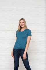 Heather Deep Teal Graphic T-shirt Bella Canvas 3001 Blank Mockup Tee Female Blonde Smiling Woman Model 
