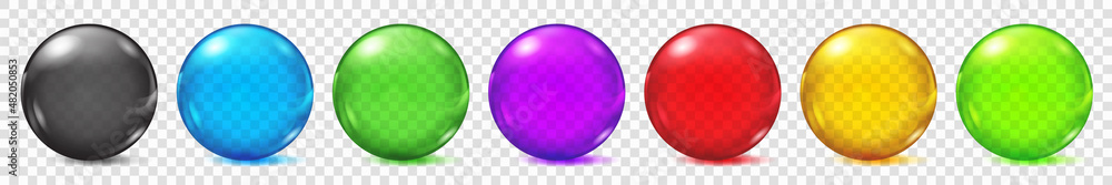 Wall mural set of translucent colored spheres with glares and shadows on transparent background. transparency o