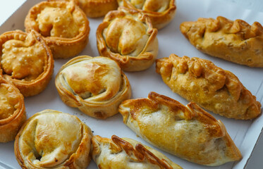 Varias empanadas sudamericanas rellenas de carne y pollo