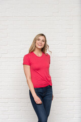 Fuchsia Graphic T-shirt Bella Canvas 3001 Blank Mockup Tee Female Blonde Smiling Woman Model 