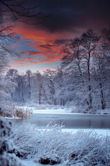 Pejzaż zimowy, zamrożony staw i białe drzewa w parku  © anettastar