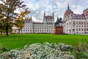 Rakoczi Ferenc monument in front of Hungarian Parliament at sunset, Budapest, Hungary