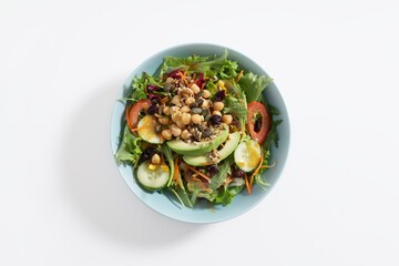 Avocado salad, chickpeas, cucumber, tomato, lettuce, seeds