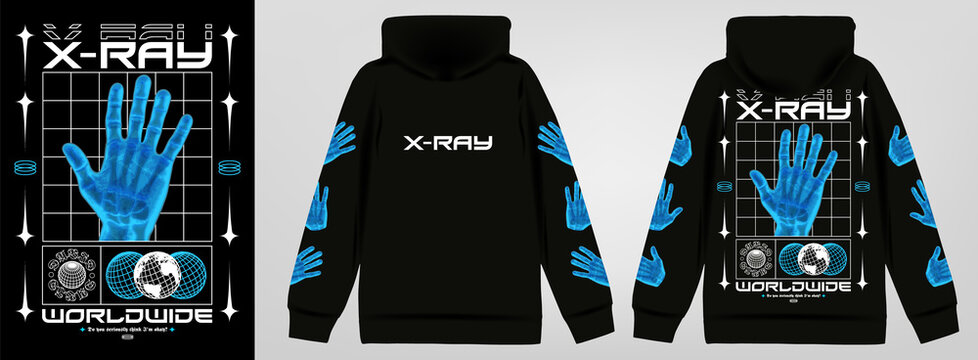 Modern poster with text "X-Ray". In Techno style, stylish print for streetwear, print for t-shirts and hoodies, isolated on black background