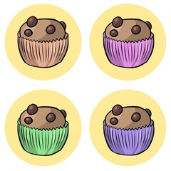 Delicious Cupcakes with chocolate chips in colorful molds, a design element, an emblem, an icon. Vector illustration