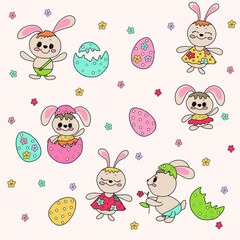 Easter bunnies with eggs colorful pastel hand drawn vector illustration