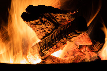 close up of log burning in bon fire