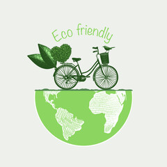 Obraz premium Eco friendly illustration.Environment theme, icon, green earth with bike.