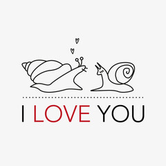 Two in love snails in the line art style. Snails profile for valentine's day for print, postcards, greetings. The inscription "I love you". Vector illustration with declaration of love. Cute animals.