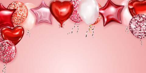 Vector illustration with flying colored helium balloons in various shapes and colors on pink background - obrazy, fototapety, plakaty