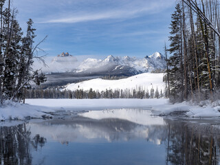 Sawtooth Mountains reflection in winter at Little Redfish Lake
