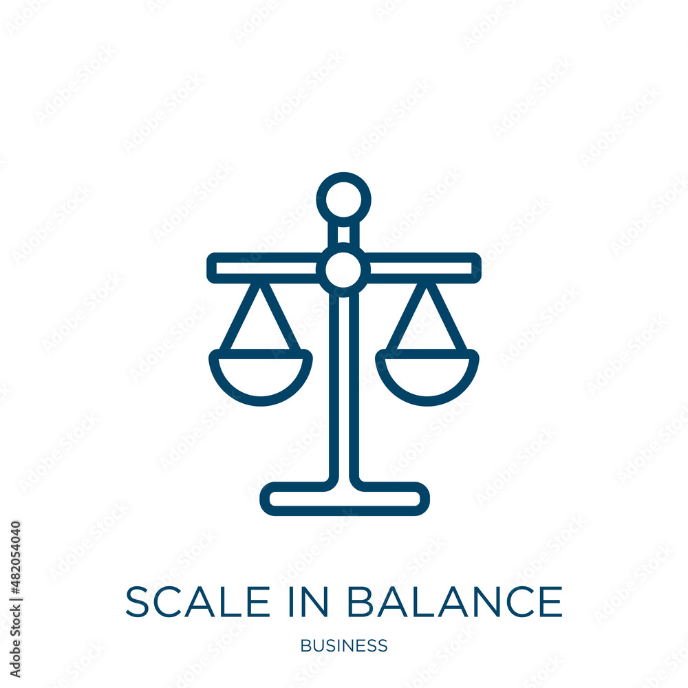 Poster scale in balance icon from business collection. thin linear scale in balance, balance, weight outlin