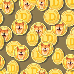 Dog coin sample. Meme tokens. Golden coin with face of the Shiba Inu dog and a D symbol. Symbol digital currency. Seamless pattern. Design for textile, thematic site background. Vector illustration. 