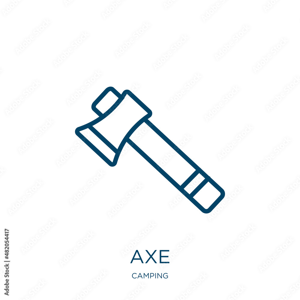 Poster axe icon from camping collection. thin linear axe, blade, weapon outline icon isolated on white back