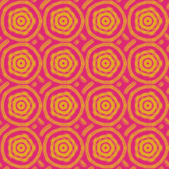 Geometric seamless pattern drawn by hand. Yellow circular ornament on a pink background. Elegant bright design of the background, interior, wallpaper, textiles, fabric, packaging.
