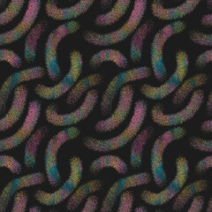 Fototapeta na wymiar Abstract geometric seamless pattern. Multicolored ornament of curls, stripes, convolutions on a black background. Fashionable design of background, fabric, textiles, wallpaper, packaging template.