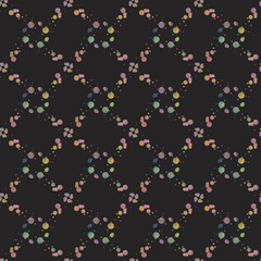 Fototapeta na wymiar Seamless geometric pattern. An ornament of multicolored circles on a black background, hand-drawn.Retro style. Design of the background, interior, wallpaper, textiles, fabric, packaging.