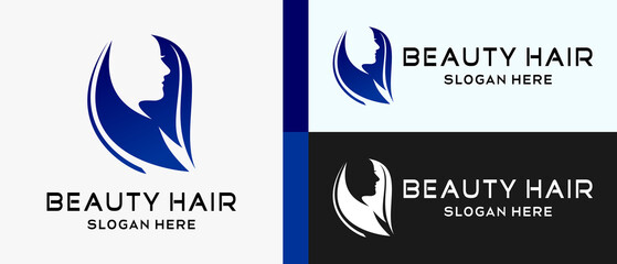 beauty logo design template with woman face and hair with creative concept. beauty hair logo illustration, hair care and salon, premium vector