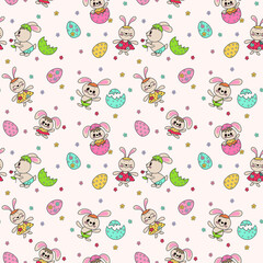 Easter bunnies vector seamless pattern with cute bunnies and eggs on pastel background