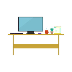 Office or home desk with a computer, calendar, cup of hot drink and houseplant in pot. Isolated on white background. Vector illustration.