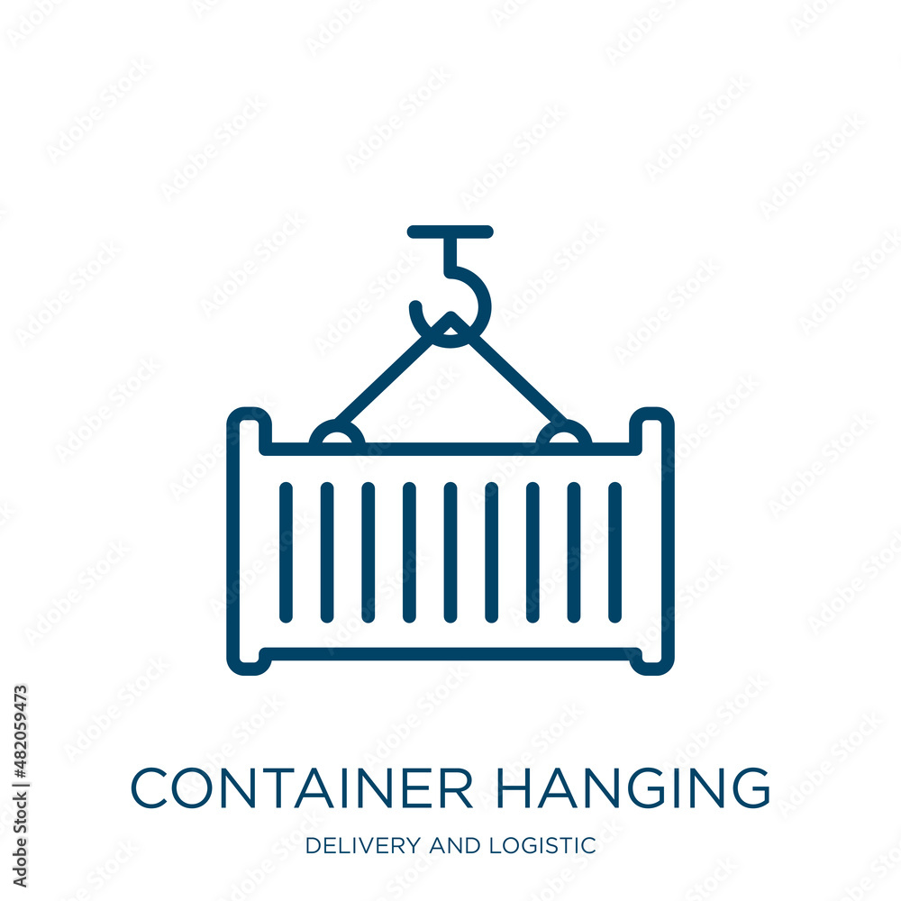Poster container hanging icon from delivery and logistic collection. thin linear container hanging, contain