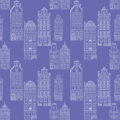 Seamless pattern of gingerbread houses in Amsterdam drawn in a graphic editor on a Very Peri background. For poster, stickers, sketchbook cover, print, your design.