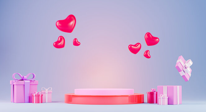 Festive banner for Valentine's Day, 3d render. Showcase for product presentation. Realistic background with gift boxes, hearts and a pedestal