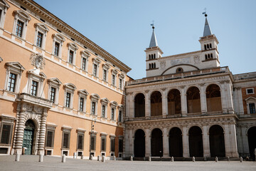 Fototapeta na wymiar View of the Loggia Delle Benedizioni cathedral from San Giovanni in Laterano square next to the Lateran Palace, in Rome