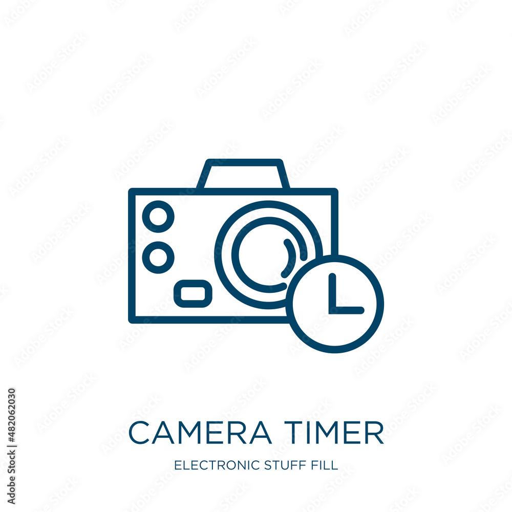 Poster camera timer icon from electronic stuff fill collection. thin linear camera timer, lens, timer outli
