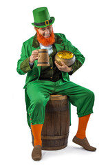 Leprechaun elf on St. Patrick's Day. Cheerful character Irish leprechaun for advertising with a red...