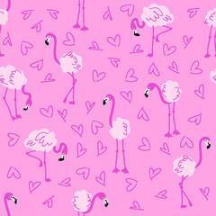 Romantic valentine seamless pattern with flamingo and hearts. Perfect for T-shirt, textile and print. Hand drawn vector illustration for decor and design.
