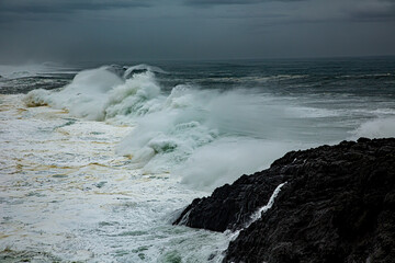 Huge waves on the Oregon coast near Depoe Bay during a winter storm