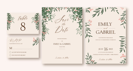 Save the date card with watercolor foliage. Floral wedding invitation card. Wedding invitation set in rustic style