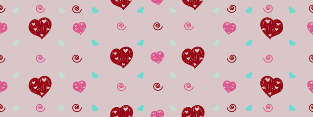 Red and blue hearts on a rose background. For Valentine's Day. Vector drawing for February 14th. SEAMLESS PATTERN WITH HEARTS. Anniversary drawing. For wallpaper, background, postcards.